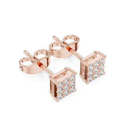 Princess-Cut Diamond Cluster Stud Earrings – Rose Gold Finish