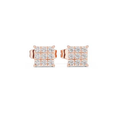 Princess-Cut Diamond Cluster Stud Earrings – Rose Gold Finish