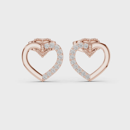 Diamond Heart Stud Earrings with Bow Accent – Rose Gold Finish