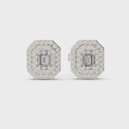 Double Halo Emerald-Cut Diamond Stud Earrings | Elegant Geometric Design