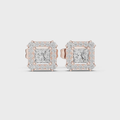 Princess-Cut Diamond Halo Stud Earrings | Classic Square Design