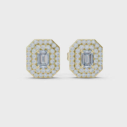 Double Halo Emerald-Cut Diamond Stud Earrings | Elegant Geometric Design