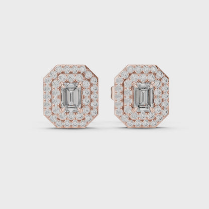 Double Halo Emerald-Cut Diamond Stud Earrings | Elegant Geometric Design