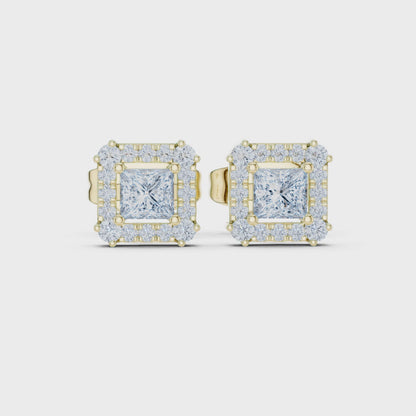 Princess-Cut Diamond Halo Stud Earrings | Classic Square Design