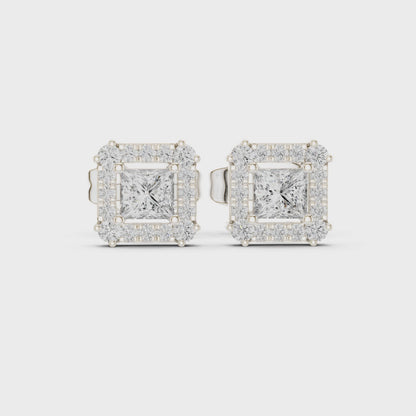 Princess-Cut Diamond Halo Stud Earrings | Classic Square Design